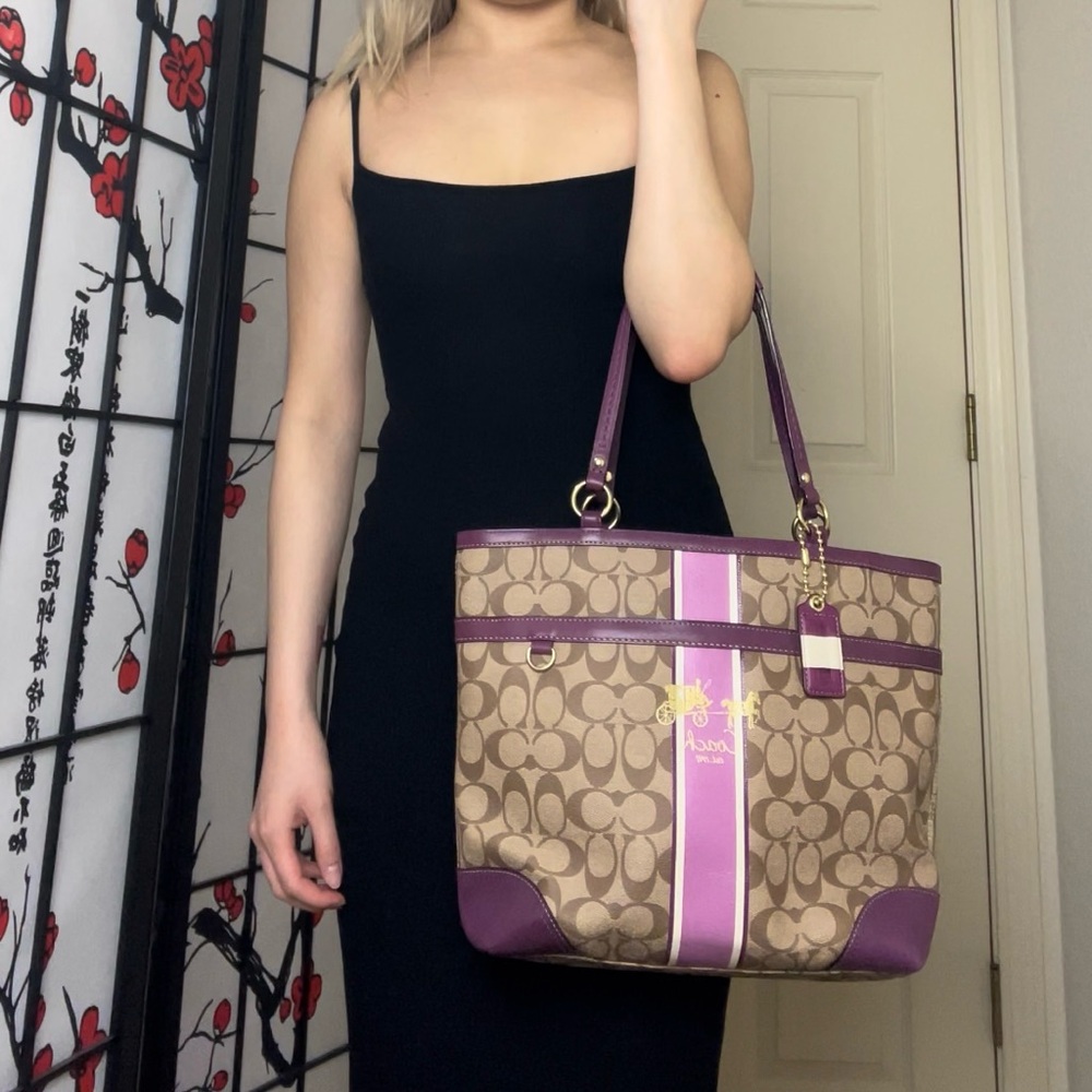 Vintage Brown Coach Signature Plum Berry Heritage Stripe Tote Shoulder-Bag Purse